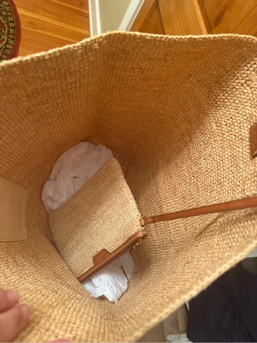 Ralph Lauren North South Raffia Tote with Tan Leather Handles - Like New